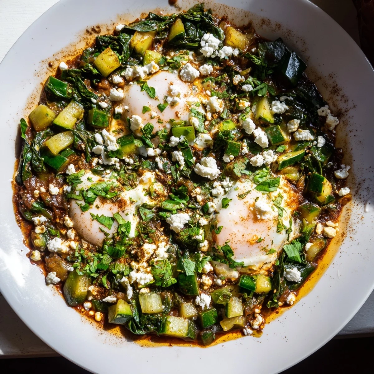 Savory Green Shakshuka with spinach, herbs, and poached eggs, topped with crumbled feta for a delicious brunch.
