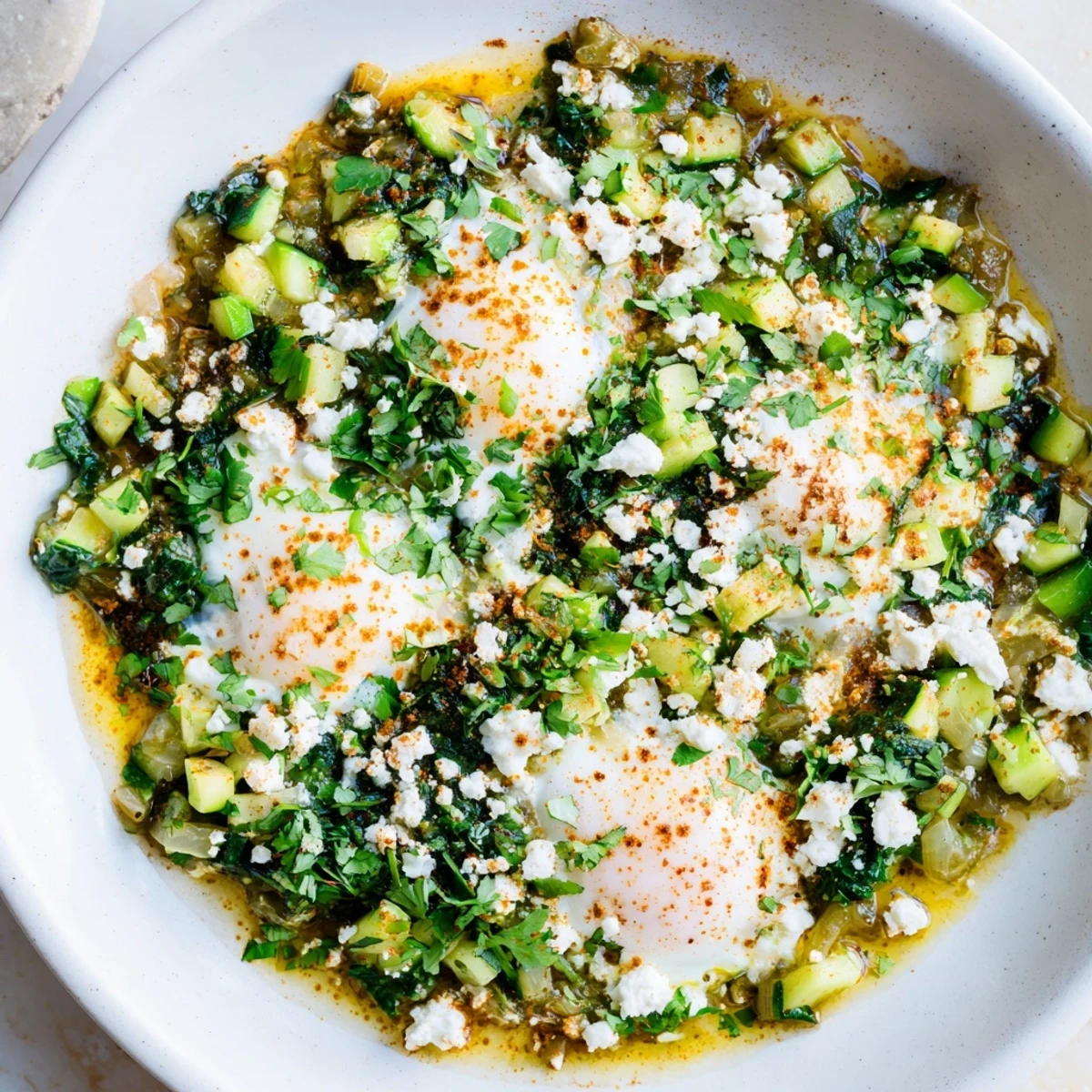A close view of Green Shakshuka featuring green herbs and spinach, served warm with crusty bread alongside.