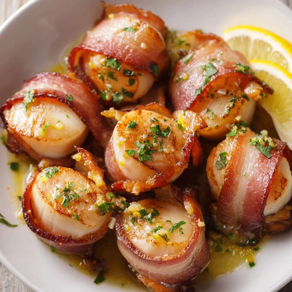 Succulent Beef Bacon Wrapped Scallops with Lemon Butter are seared until crisp and drizzled with a bright buttery sauce.