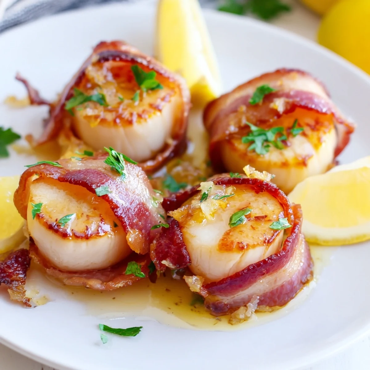 A close-up of pan-seared Beef Bacon Wrapped Scallops with Lemon Butter showcases juicy scallops, crispy bacon, and a vibrant lemon drizzle.