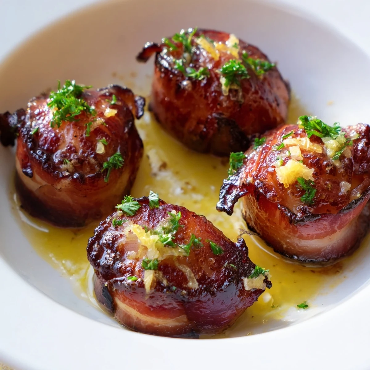 Golden beef bacon wrapped scallops with lemon butter sit on a white plate with fresh parsley garnish for an appetizer.