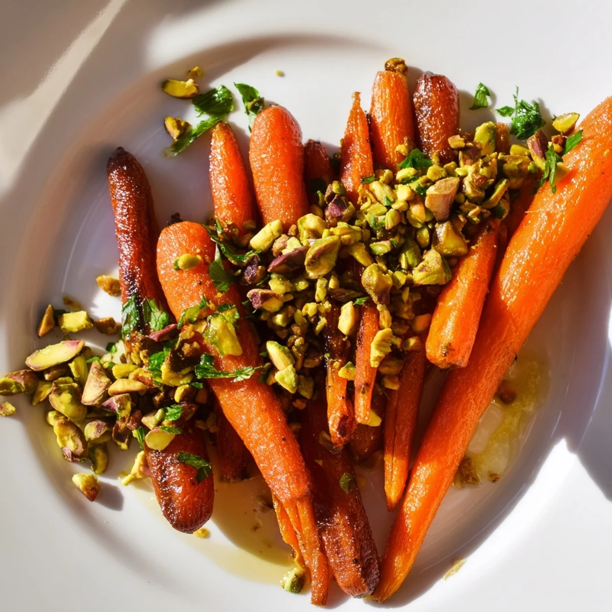 Golden roasted carrots with honey glisten on a platter, topped with crunchy toasted pistachios and fresh parsley for a vibrant side dish.