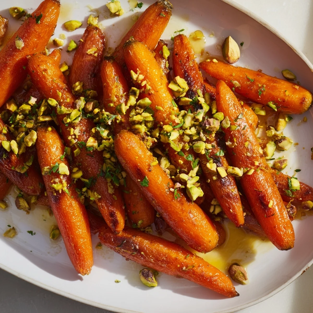 A serving dish of warm Roasted Carrots with Honey and Toasted Pistachios, garnished with fresh parsley, perfect for a vegetarian meal.