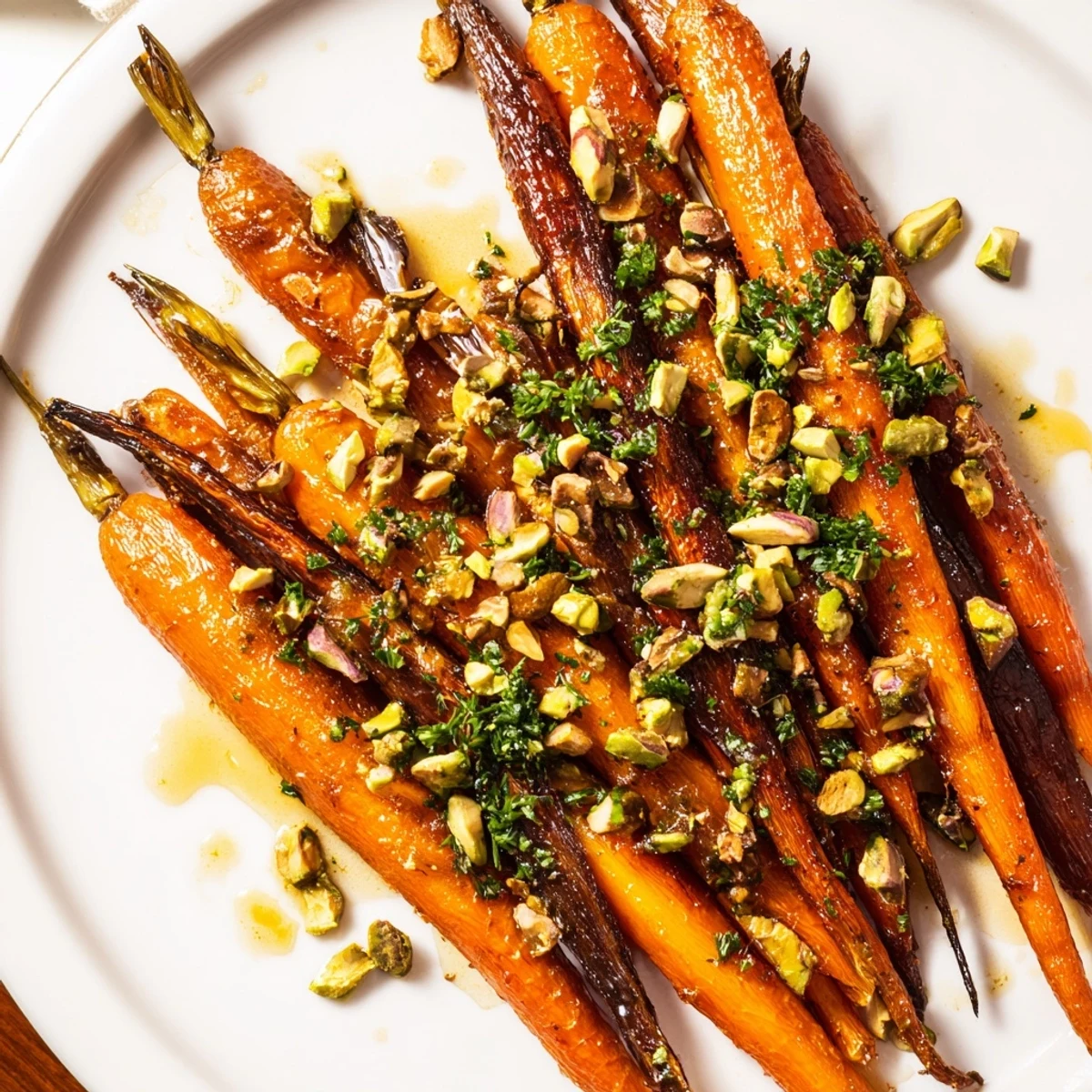 Roasted Carrots with Honey and Toasted Pistachios showcase caramelized vegetable sticks drizzled in sweet honey and garnished with chopped nuts.