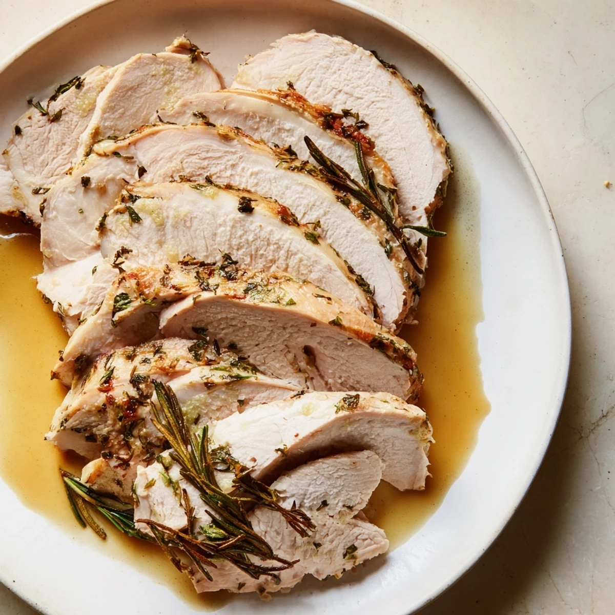 Golden-brown Savory Herb Roasted Turkey Breast with Gravy glistens next to fresh rosemary sprigs on a rustic platter.