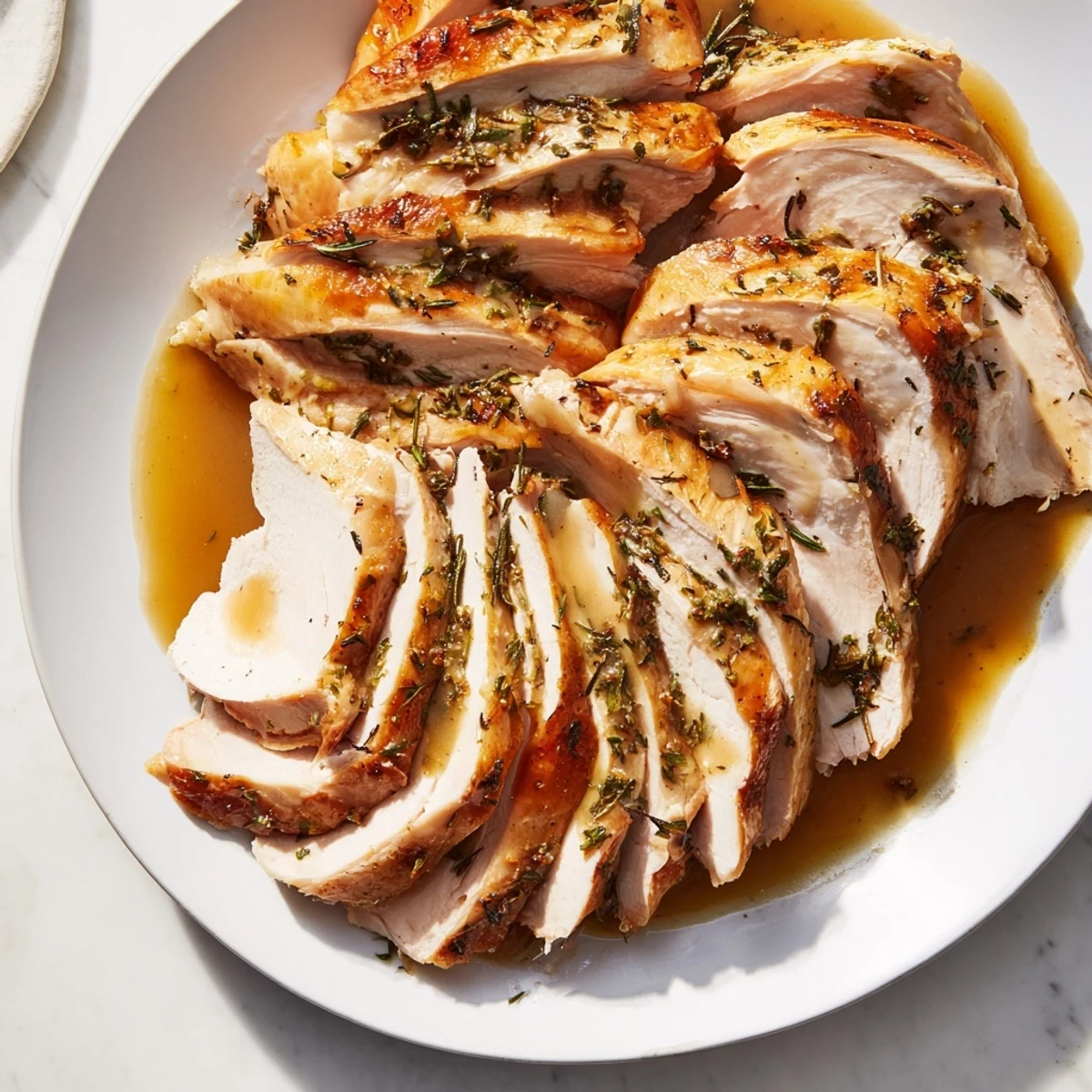Sliced Savory Herb Roasted Turkey Breast with Gravy shows juicy meat and herbs alongside roasted carrots and celery.