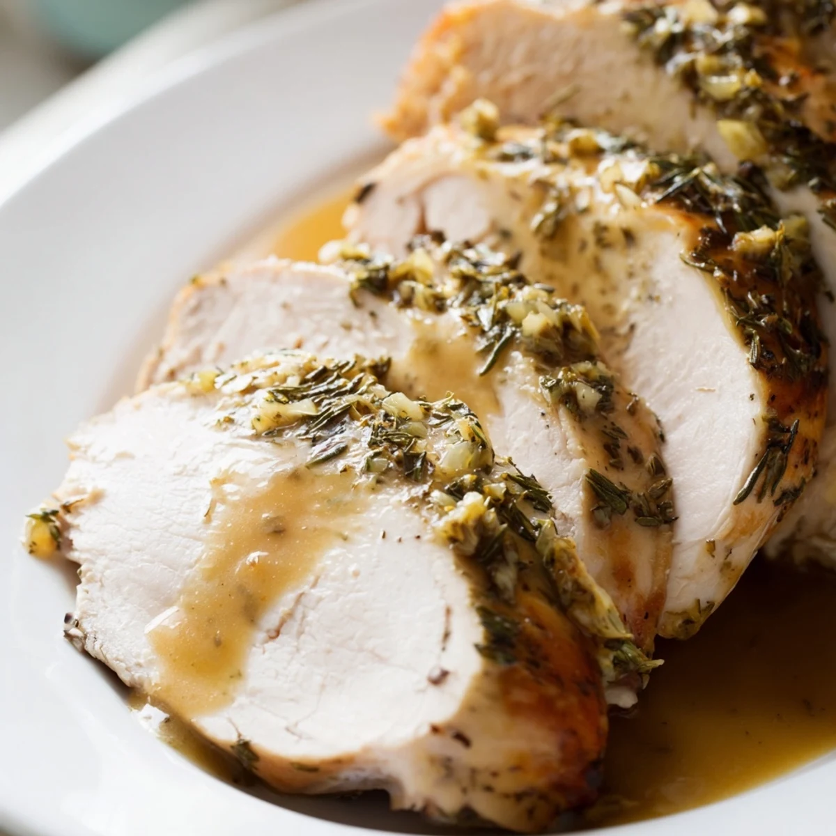 Savory Herb Roasted Turkey Breast with Gravy glistening golden brown on a rustic platter with fresh herbs nearby.