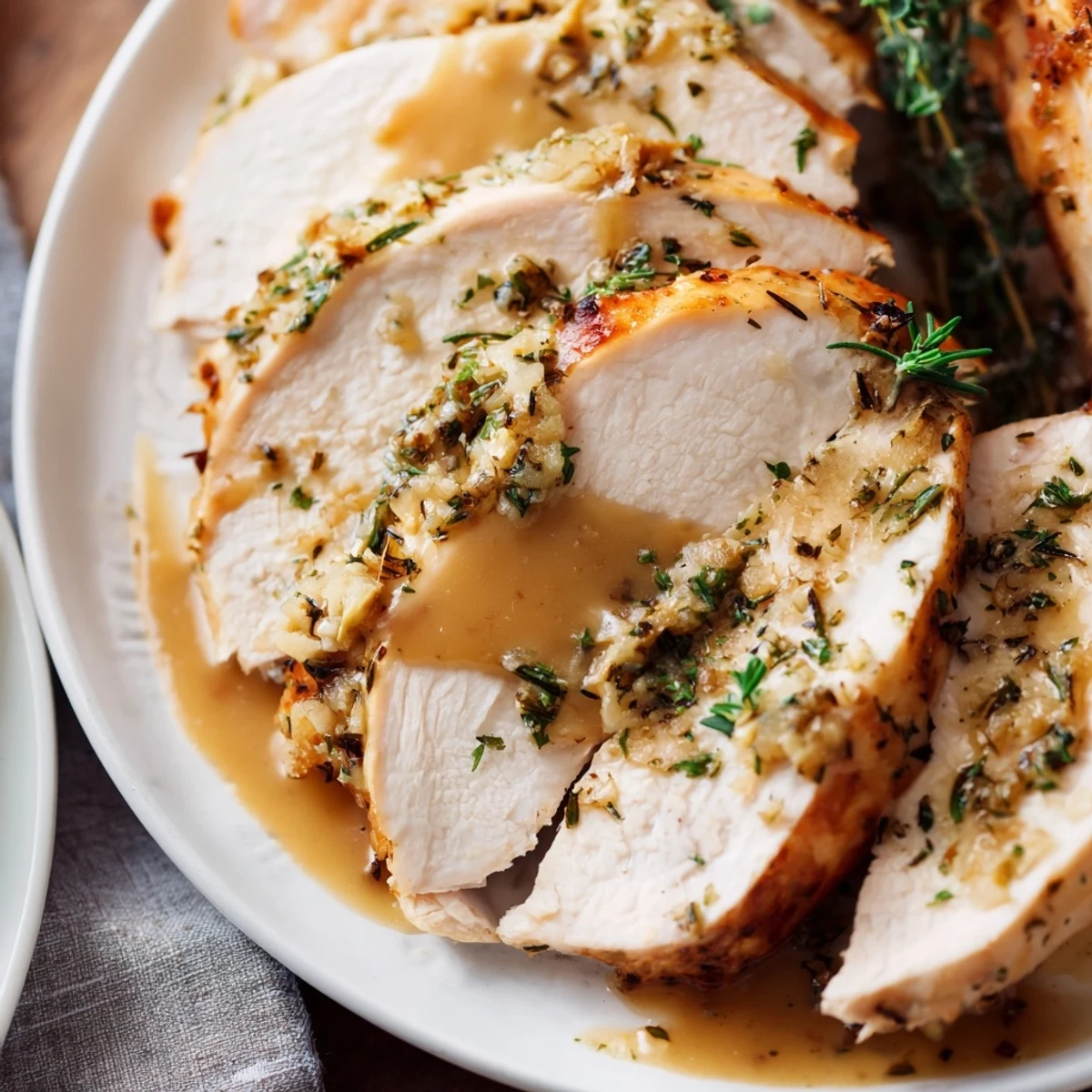 A juicy slice of Savory Herb Roasted Turkey Breast with Gravy paired with roasted potatoes and green beans.