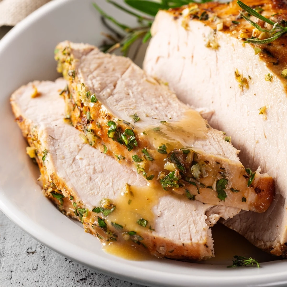A close-up of Savory Herb Roasted Turkey Breast with Gravy showing tender meat and rich, homemade gravy.
