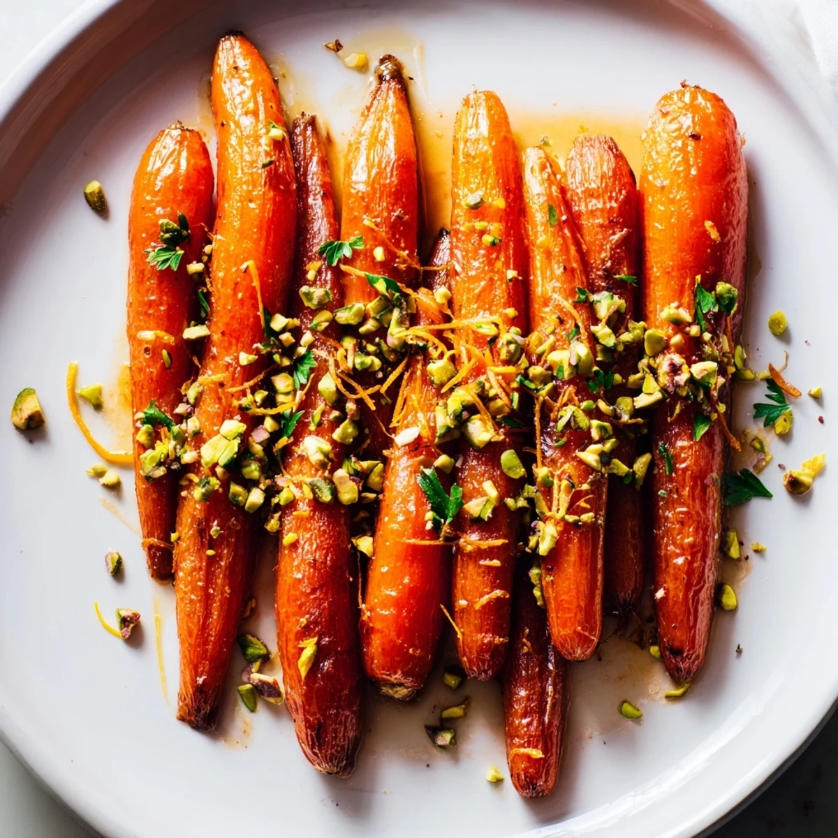 Golden roasted carrots glazed with honey and topped with crunchy pistachios and fresh orange zest on a serving plate.  