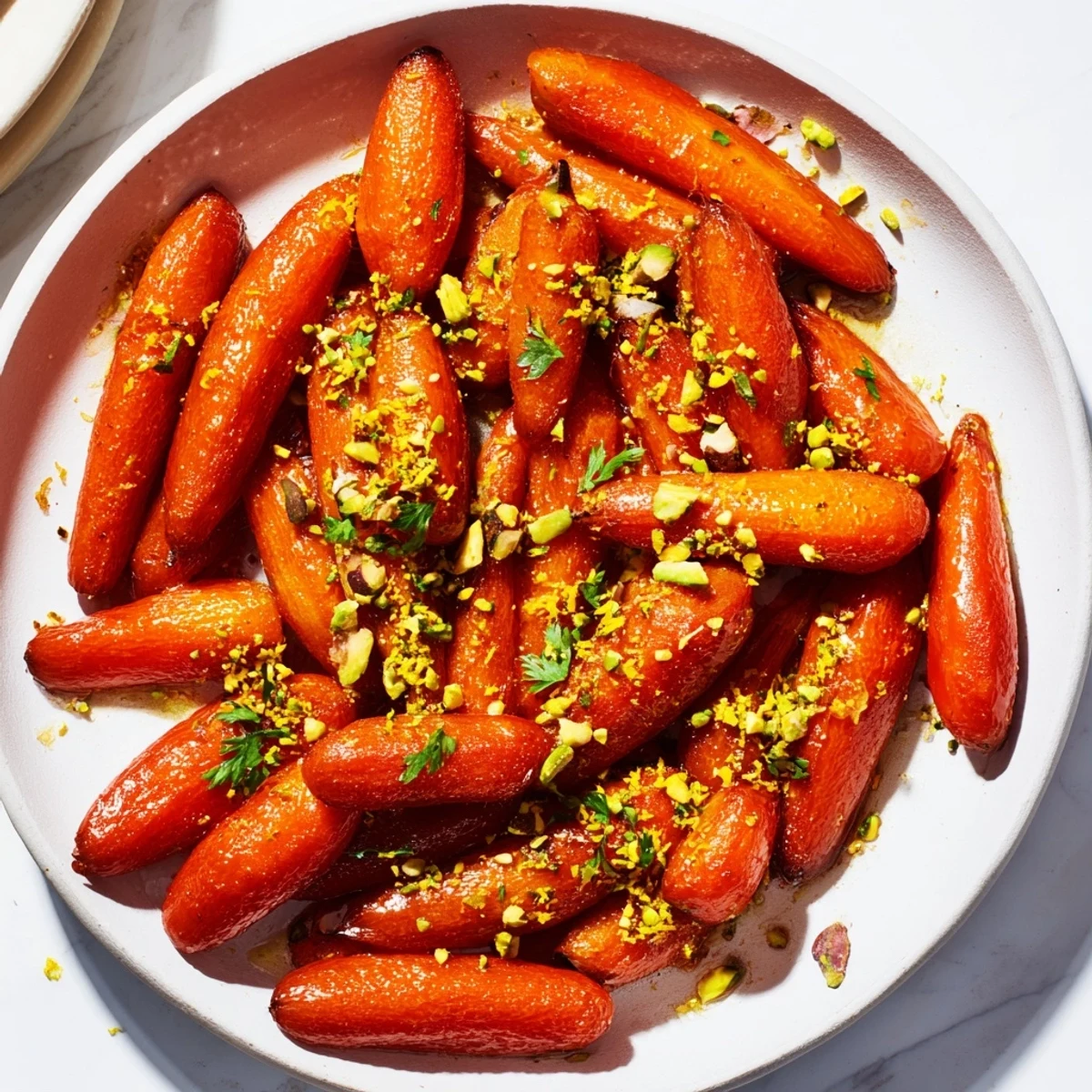 This easy side dish of Roasted Carrots with Honey and Toasted Pistachios shows tender roots and a caramelized finish.  