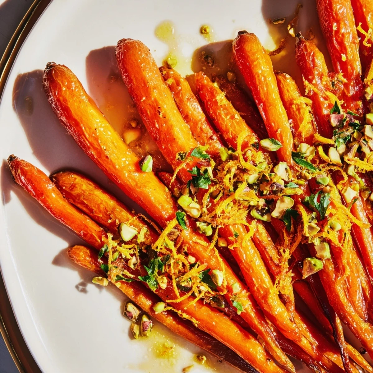 Serve Roasted Carrots with Honey and Toasted Pistachios warm beside a main course for a vibrant, modern European meal.