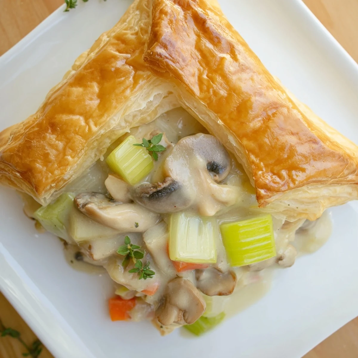 A hearty slice of Creamy Mushroom and Leek Pot Pie served alongside fresh green beans for a complete dinner.