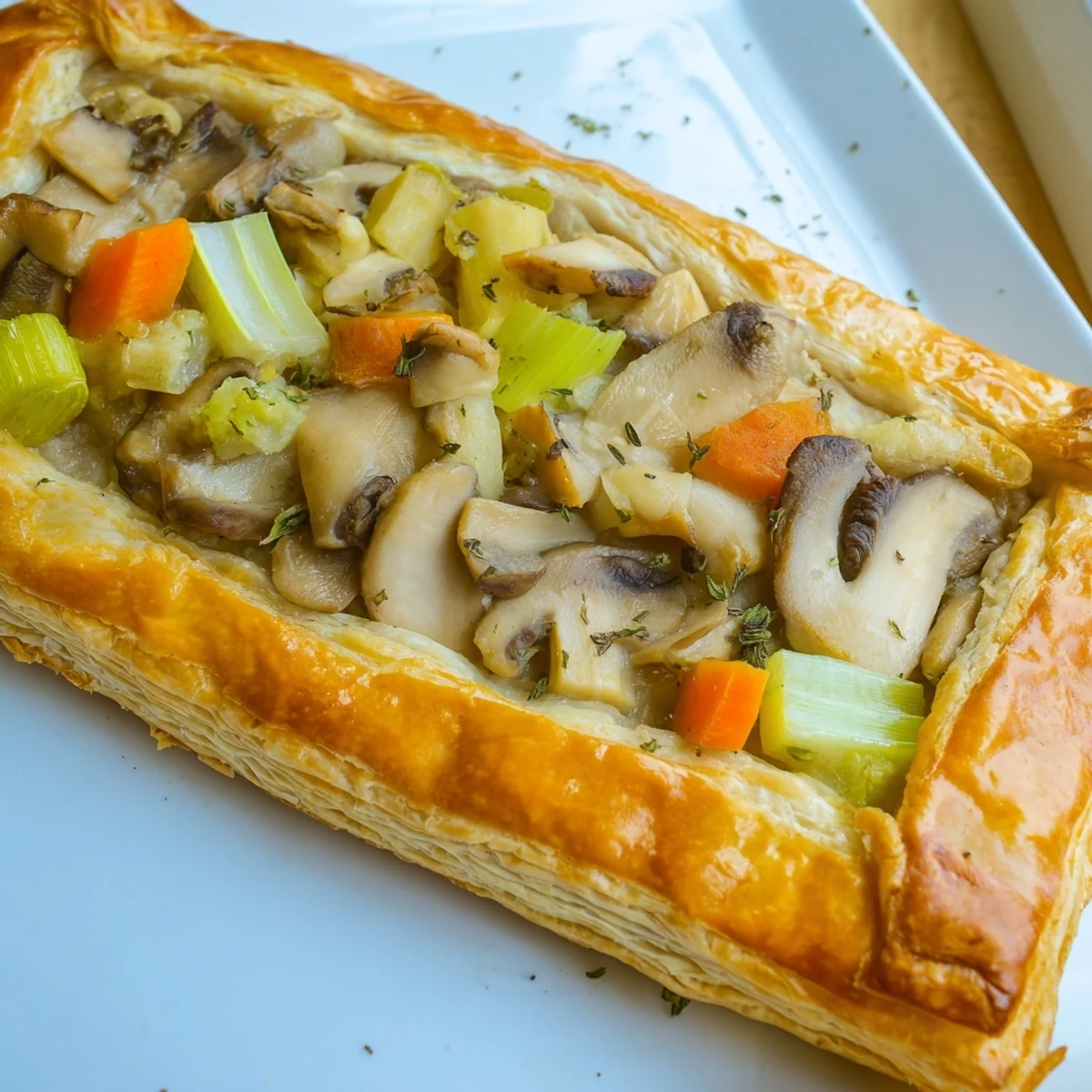 A close-up of Creamy Mushroom and Leek Pot Pie with golden flaky pastry bubbling over a rich white sauce.
