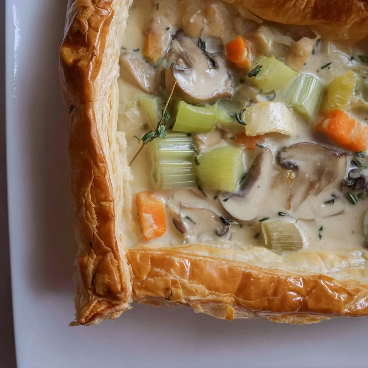 Overhead view of Creamy Mushroom and Leek Pot Pie revealing tender leeks and mushrooms in a creamy filling.