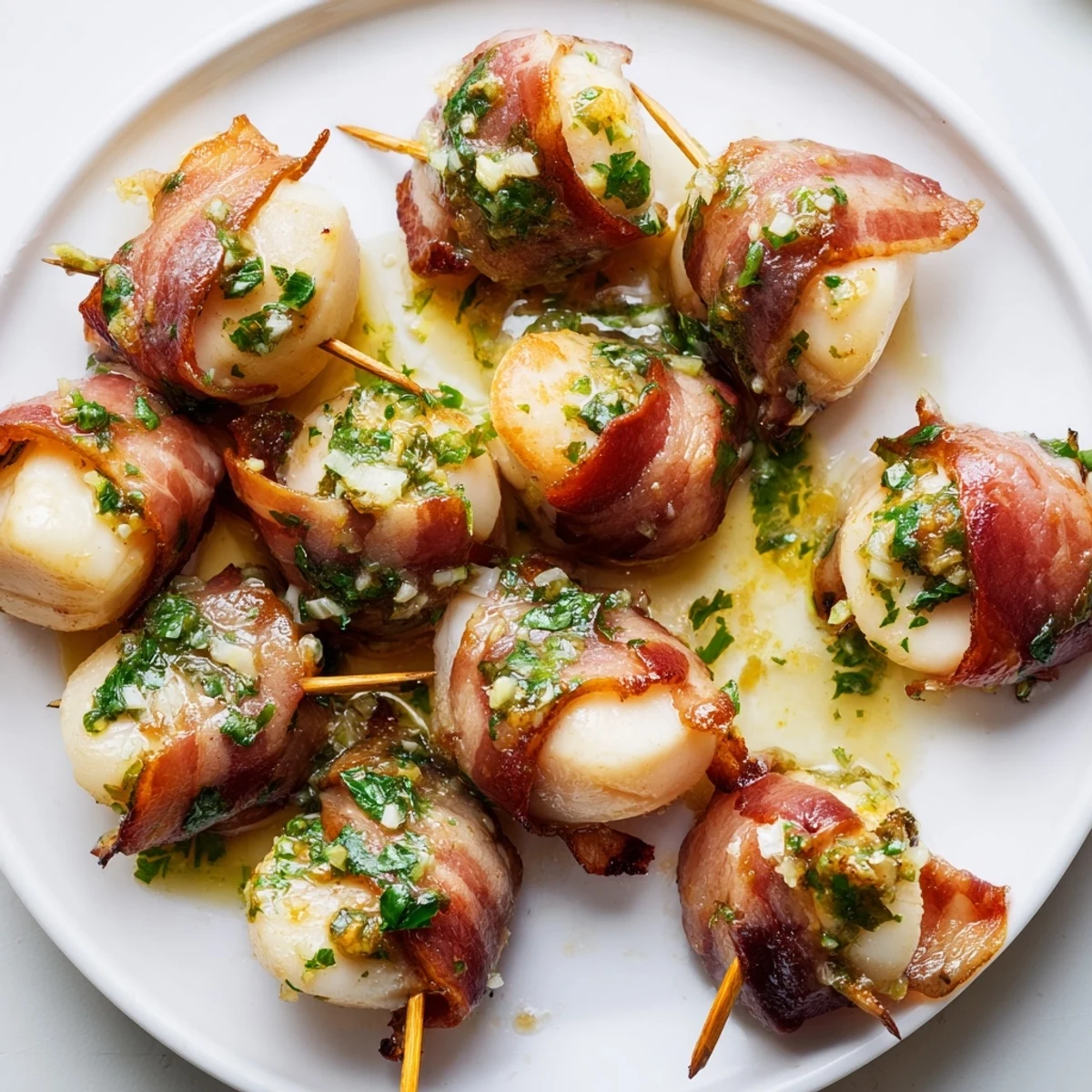 Beef Bacon Wrapped Scallops with Lemon Butter served on a platter with a fresh lemon wedge and herbs.