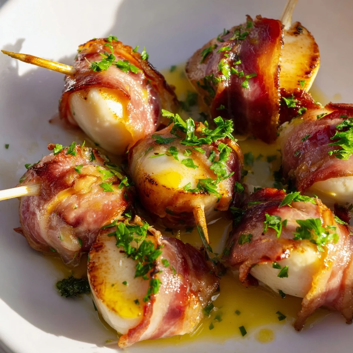 A close-up of Beef Bacon Wrapped Scallops with Lemon Butter showing crispy bacon and tender scallops.