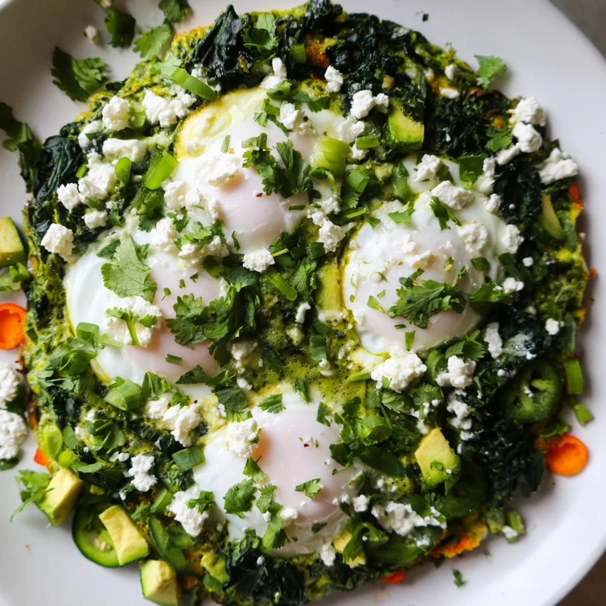 A close-up of Green Shakshuka with Spinach and Feta shows bright greens and runny yolks in a cast-iron skillet, topped with crumbled feta and fresh herbs.