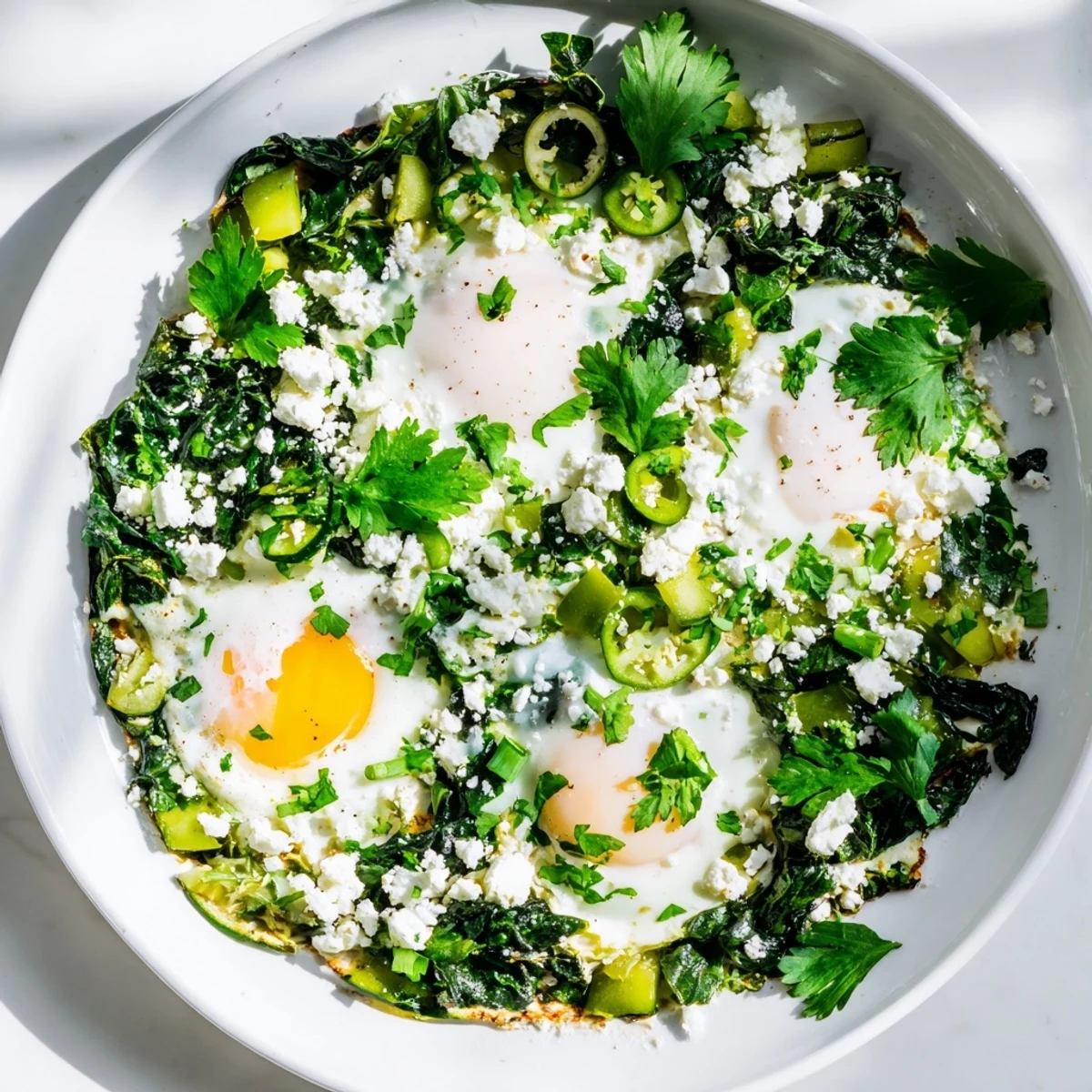 This hearty Green Shakshuka with Spinach and Feta features poached eggs nestled in wilted kale and zucchini, served with crusty bread for dipping.