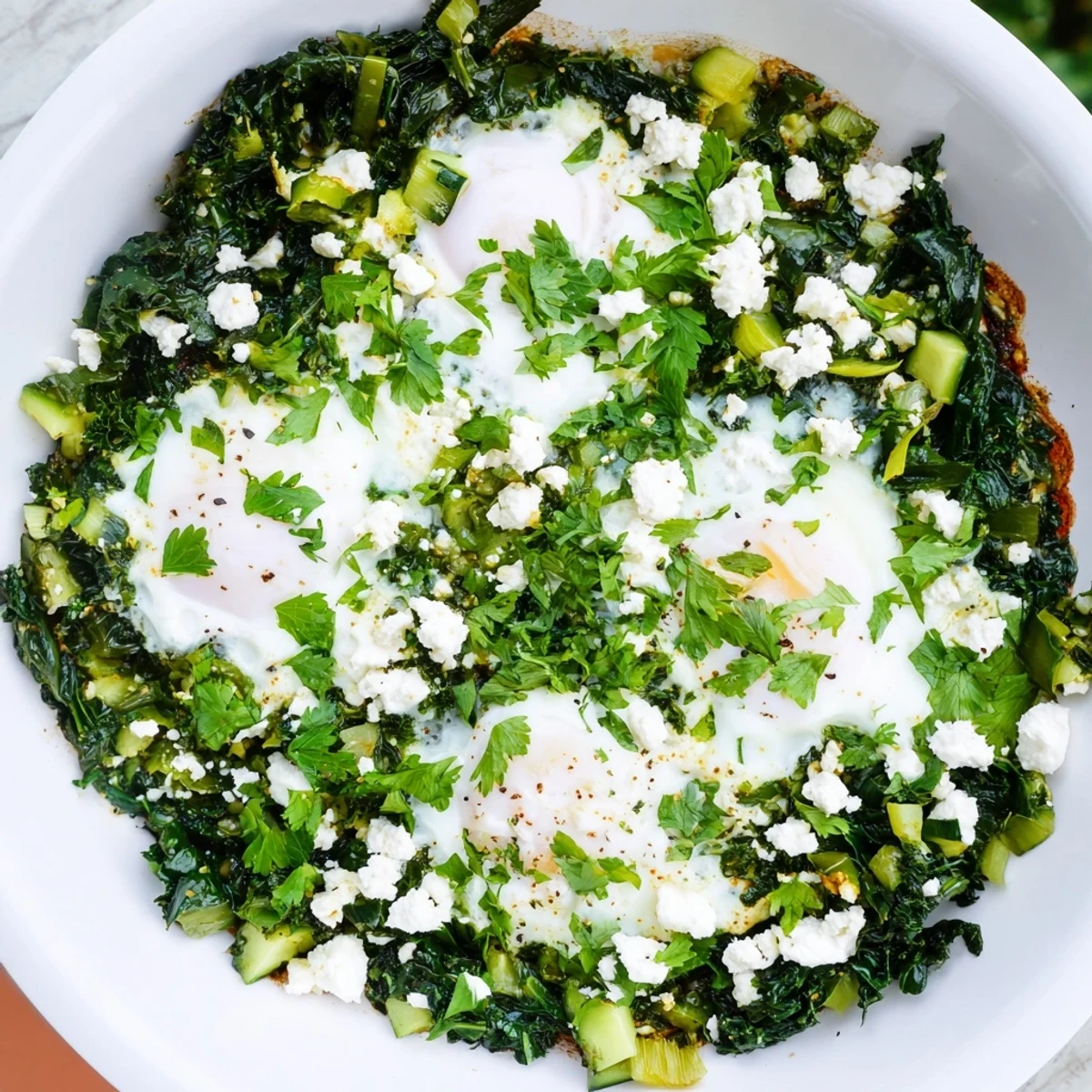 A vibrant skillet of Green Shakshuka with Spinach and Feta includes poached eggs, fresh cilantro garnish, and lemon wedges for a zesty finish.