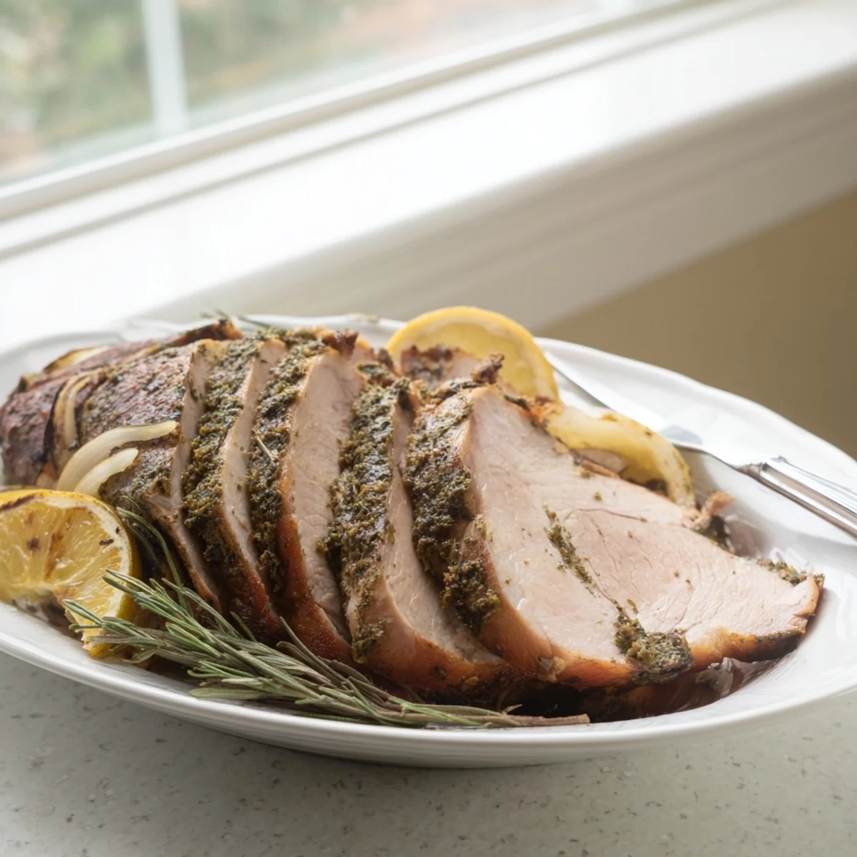 Savory Herb Roasted Turkey Breast with crispy golden skin on a platter beside lemon slices and fresh herbs.