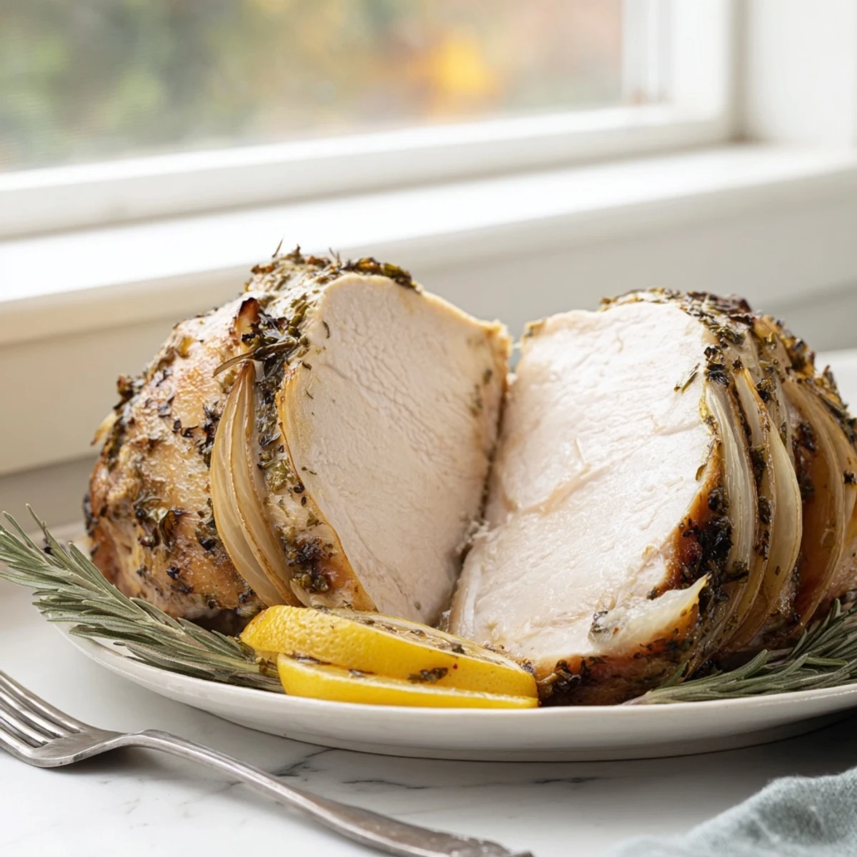Golden Savory Herb Roasted Turkey Breast slices fanned out, revealing juicy interior with herbs and garlic visible.