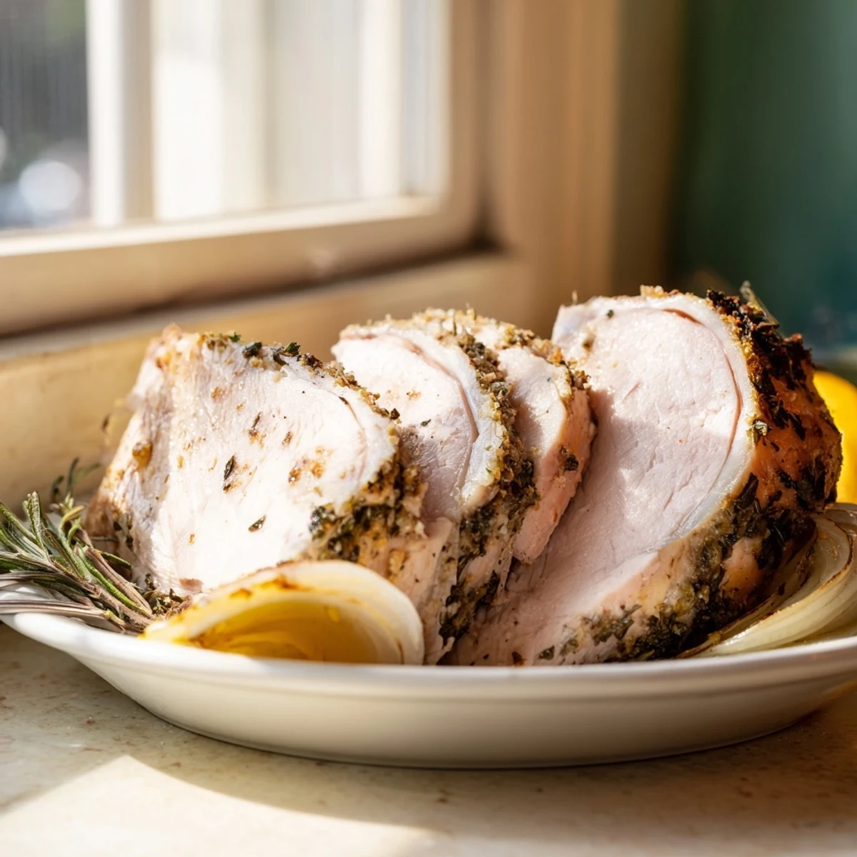 Savory Herb Roasted Turkey Breast served with roasted vegetables on a rustic plate for a festive dinner.