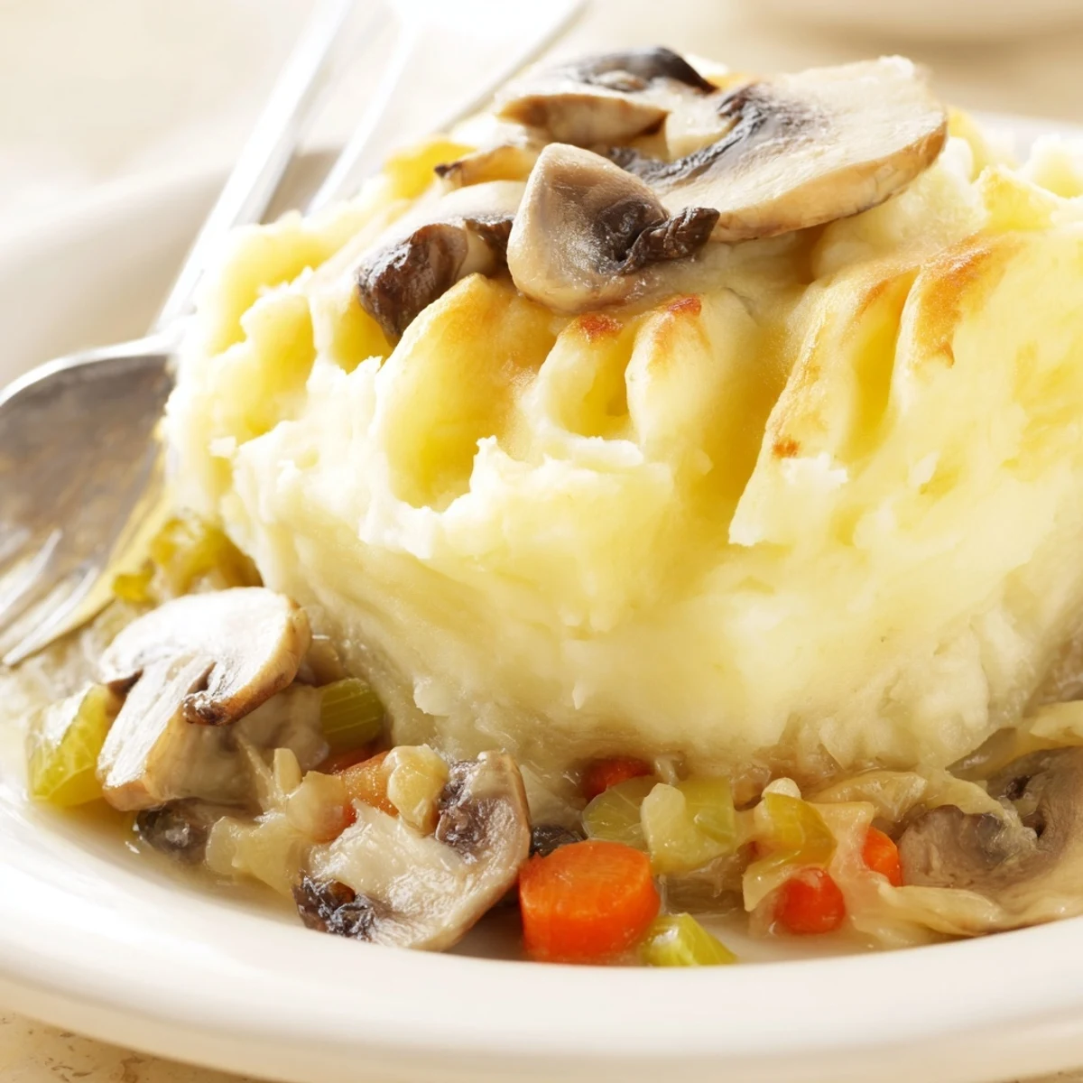 Golden mashed potato topping covers a creamy mushroom and leek shepherds pie, fresh from the oven.
