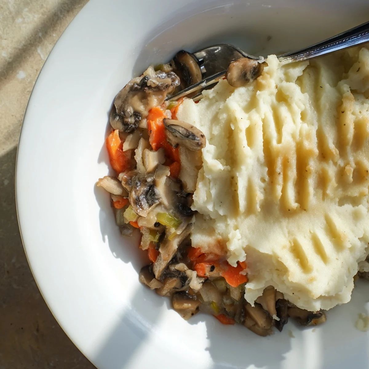 This vegetarian shepherds pie reveals a bubbly, savory filling beside a crisp salad serving suggestion.