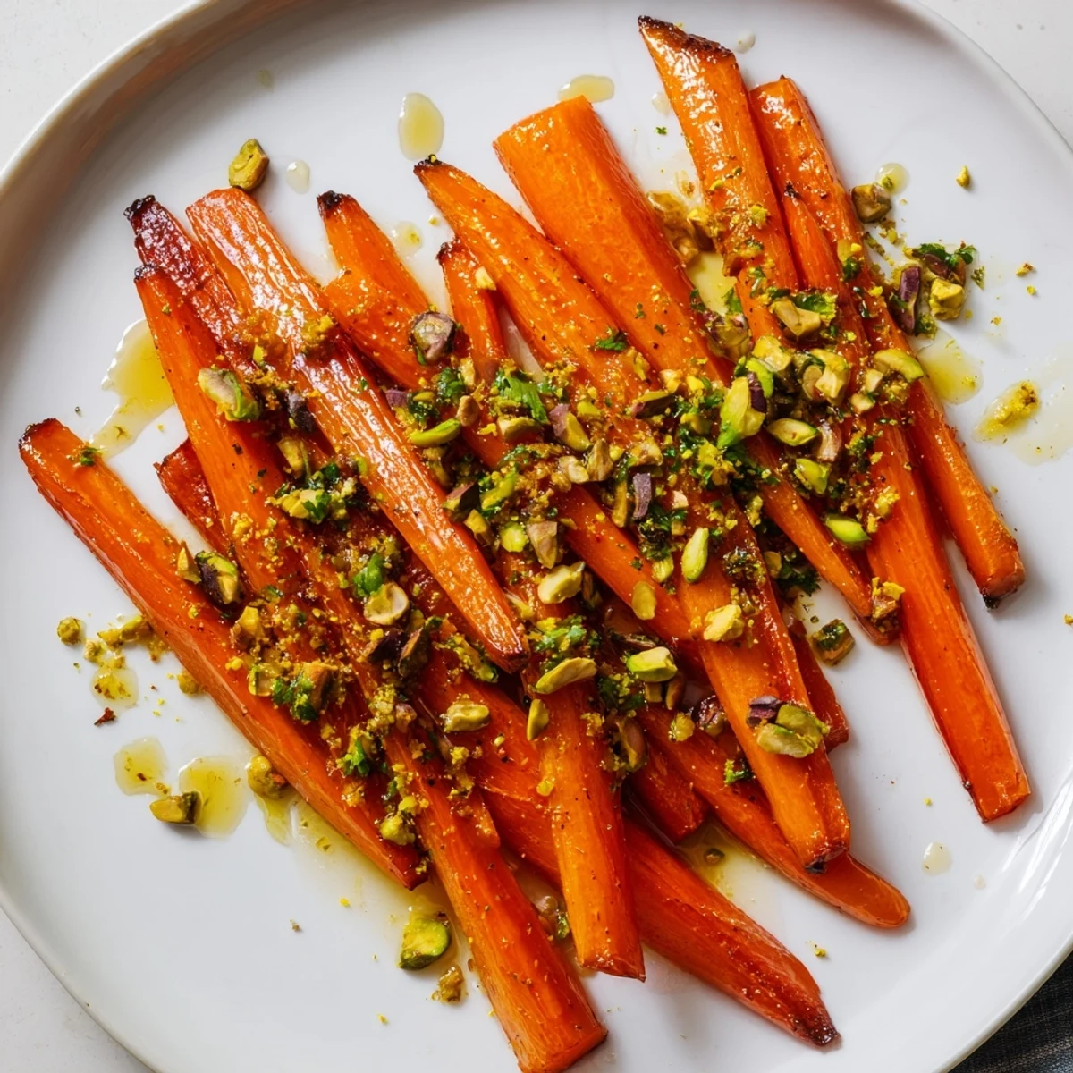 Vibrant orange roasted carrots glistening with honey, topped with crunchy pistachios and fresh parsley for a beautiful side dish.