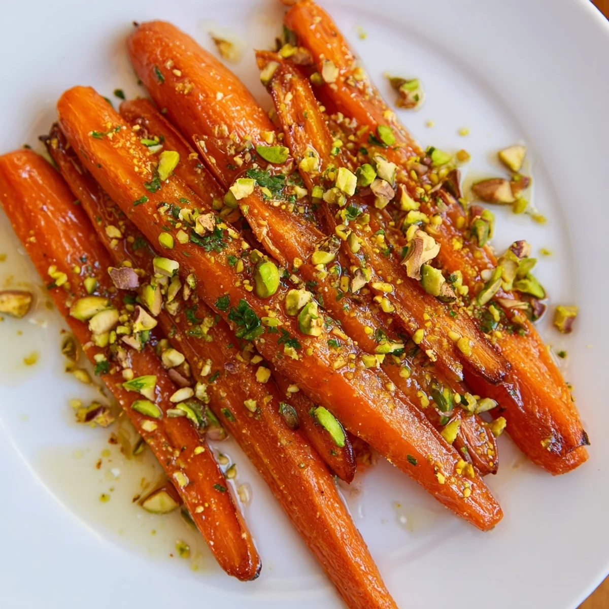 Freshly roasted carrots with honey and pistachios served warm on a plate, ready to accompany a holiday dinner spread.