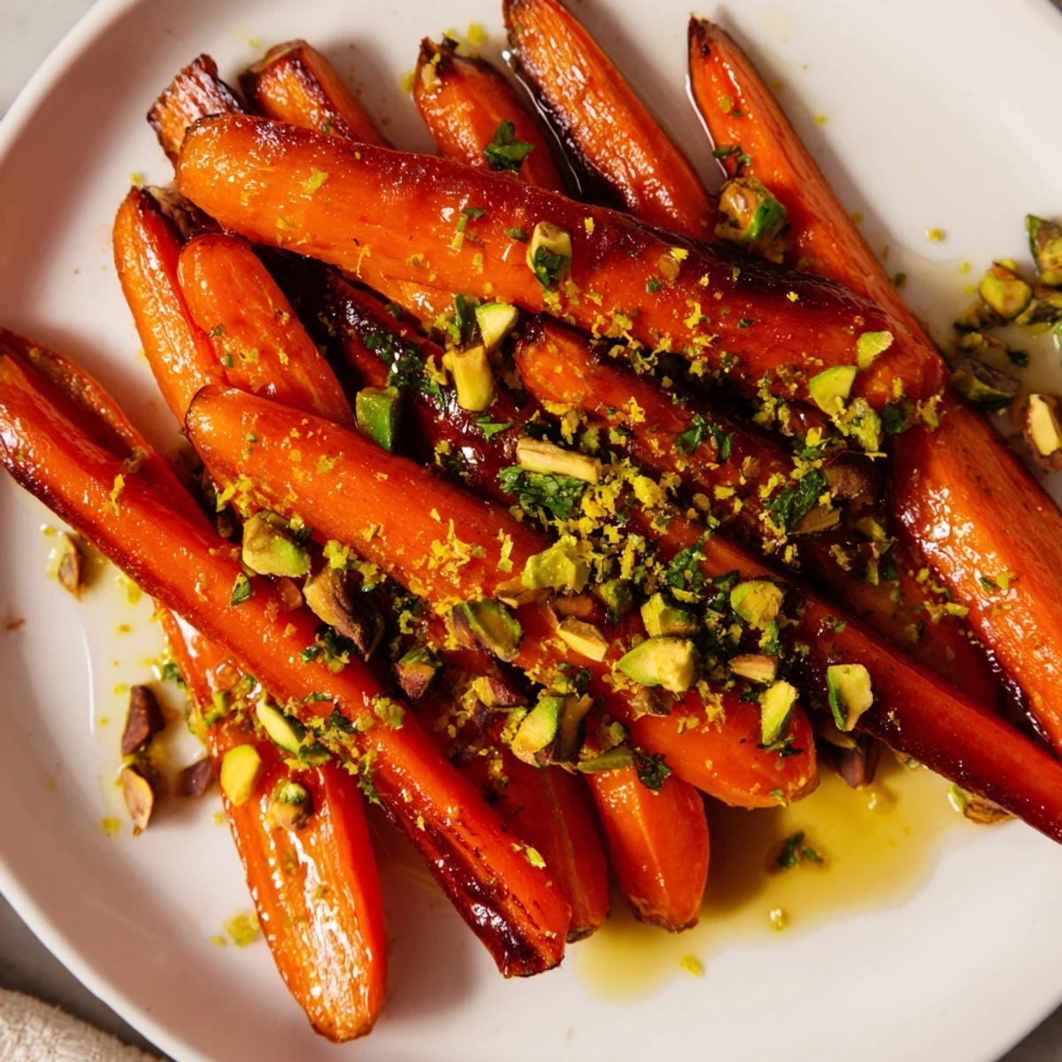 Close up view of tender roasted carrots with honey and pistachios showing caramelized edges and a glossy sweet glaze.