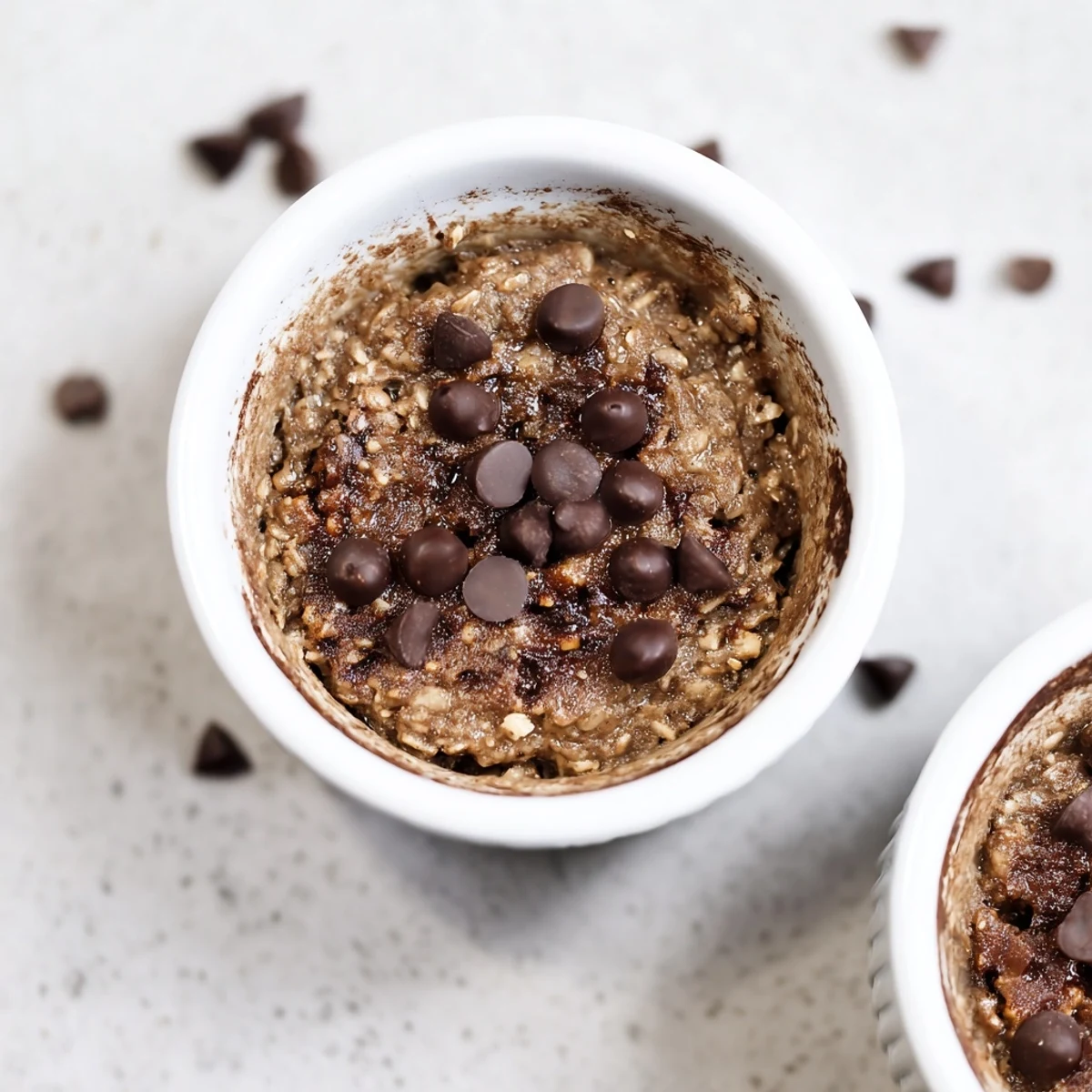 Freshly baked Easy Chocolate Baked Oats in two ramekins, showcasing a rich, fudgy texture with melty chocolate chips.