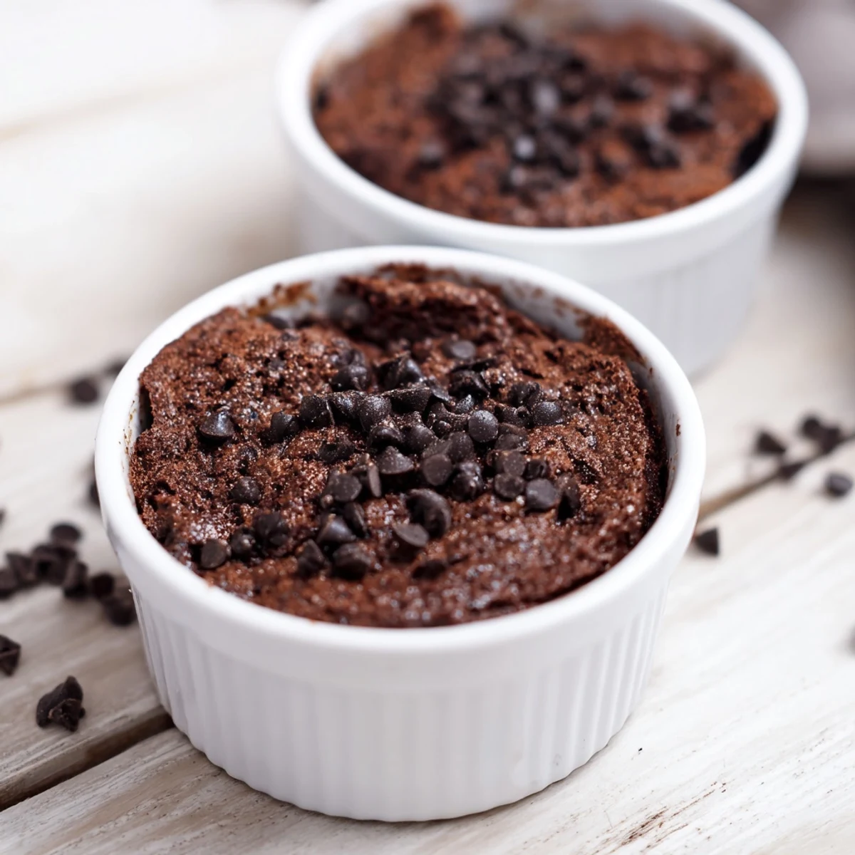 Warm Easy Chocolate Baked Oats served in a small baking dish, topped with chopped nuts and a splash of milk.