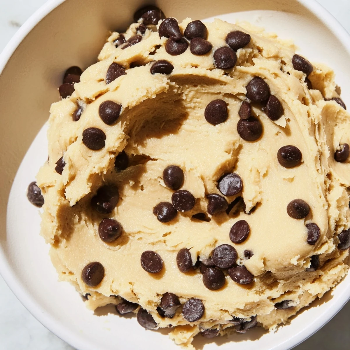 A spoonful of Edible Keto Cookie Dough with creamy texture and sugar-free chocolate chips on a rustic wooden table.