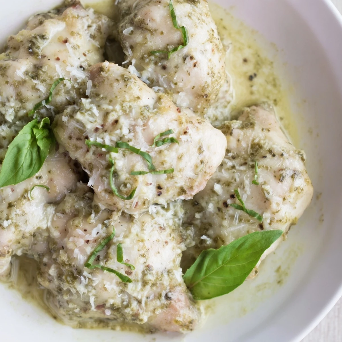 Slow-cooked Pesto Ranch Crock Pot Chicken Thighs in a creamy green sauce, served over steamed rice for a comforting dinner.