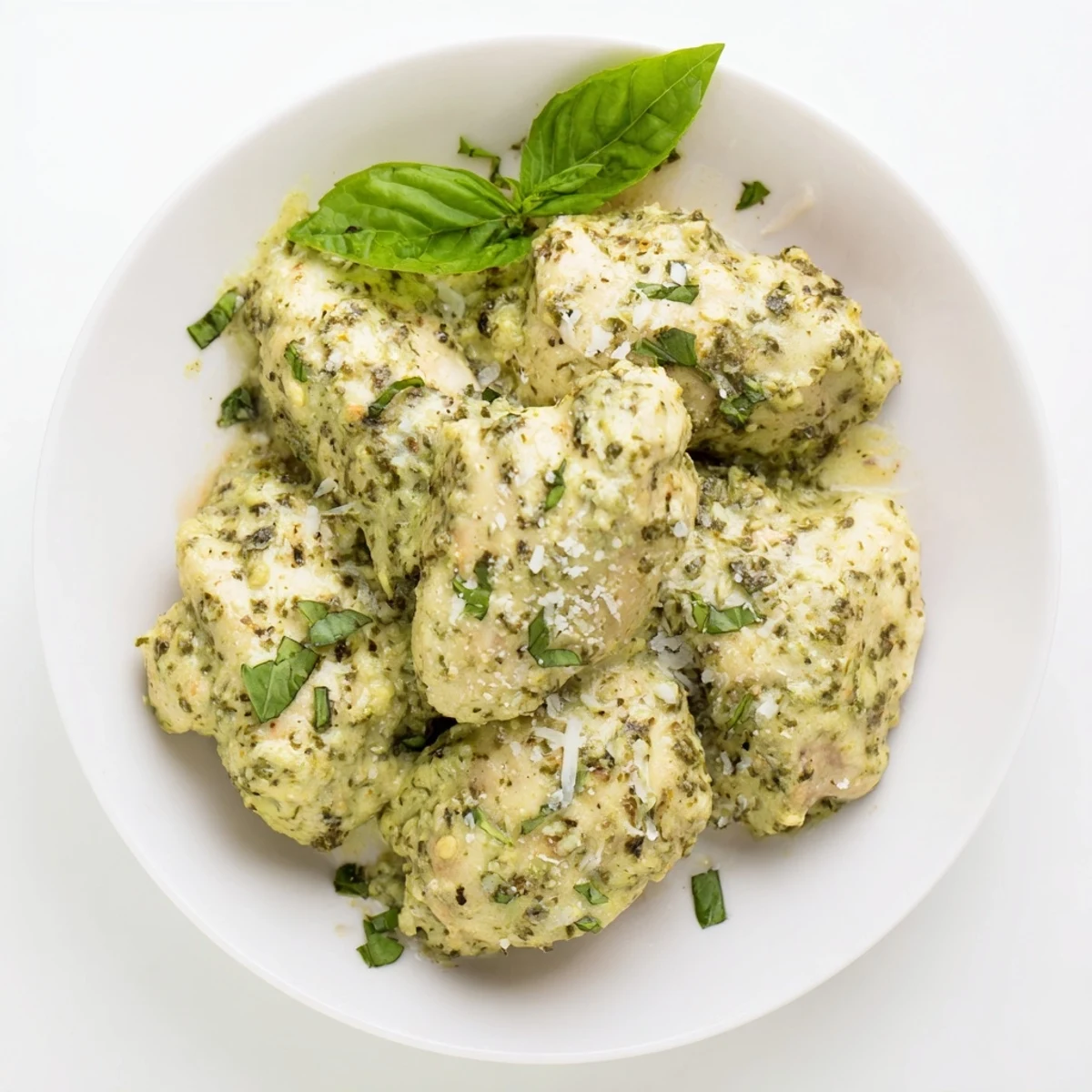 Juicy Pesto Ranch Crock Pot Chicken Thighs in a rich creamy sauce, ideal for an easy weeknight family meal.