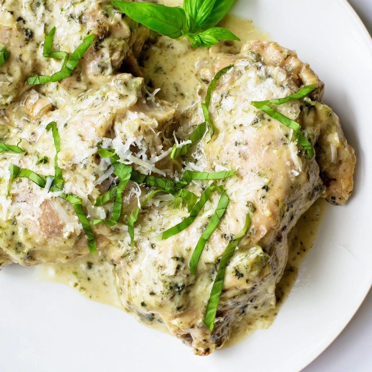 Tender Pesto Ranch Crock Pot Chicken Thighs on a platter, garnished with fresh basil and Parmesan, ready to be served hot.