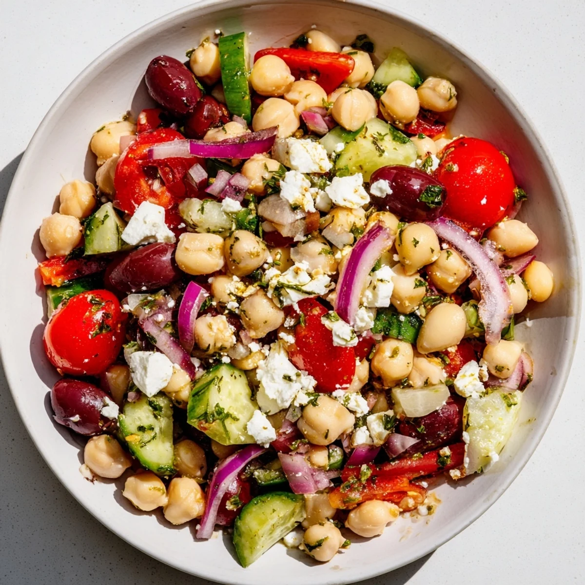 Fresh Mediterranean Dense Bean Salad with chickpeas, cucumbers, and tangy feta served in a bowl.