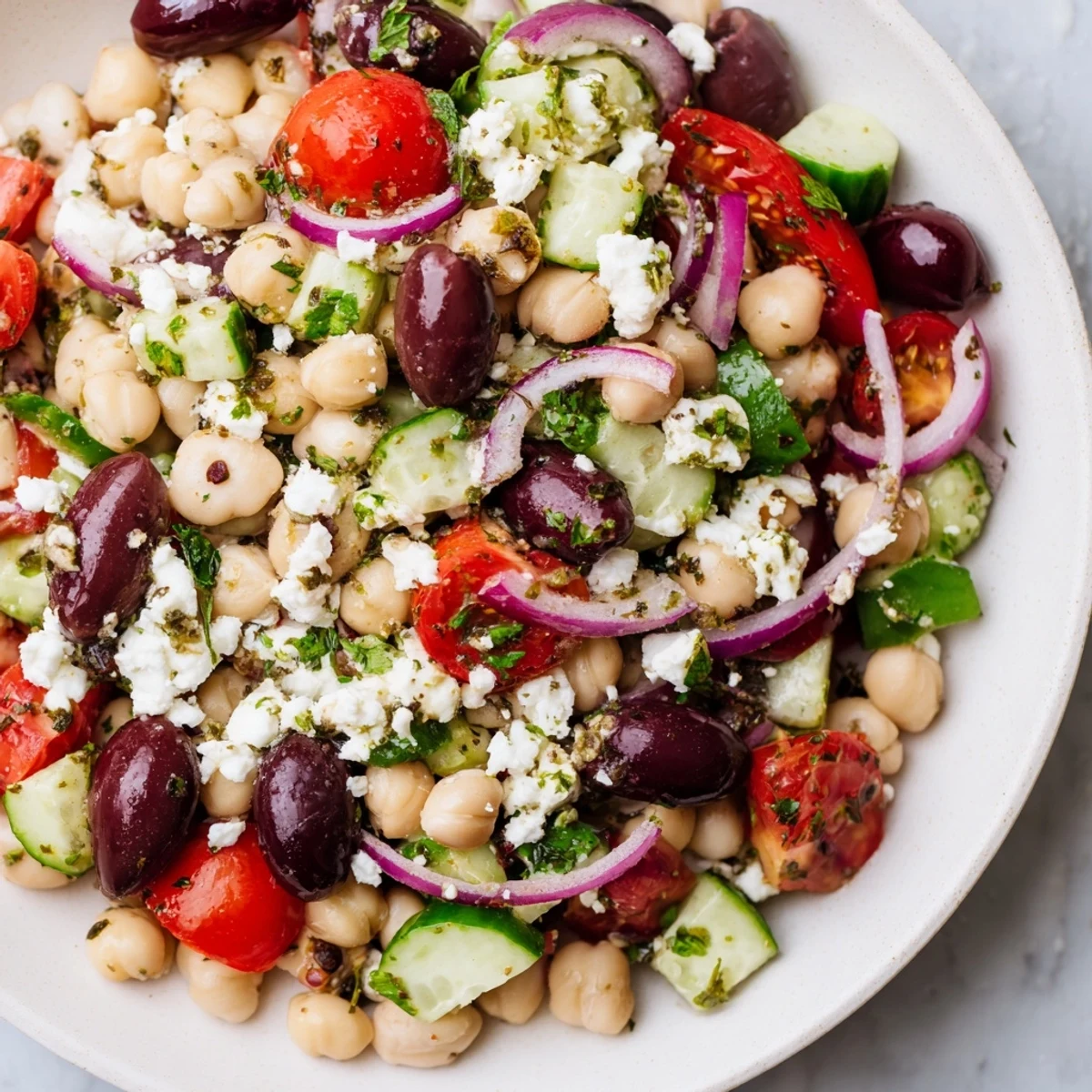 Hearty Mediterranean Dense Bean Salad tossed with herbs and olive oil, perfect for a healthy lunch.