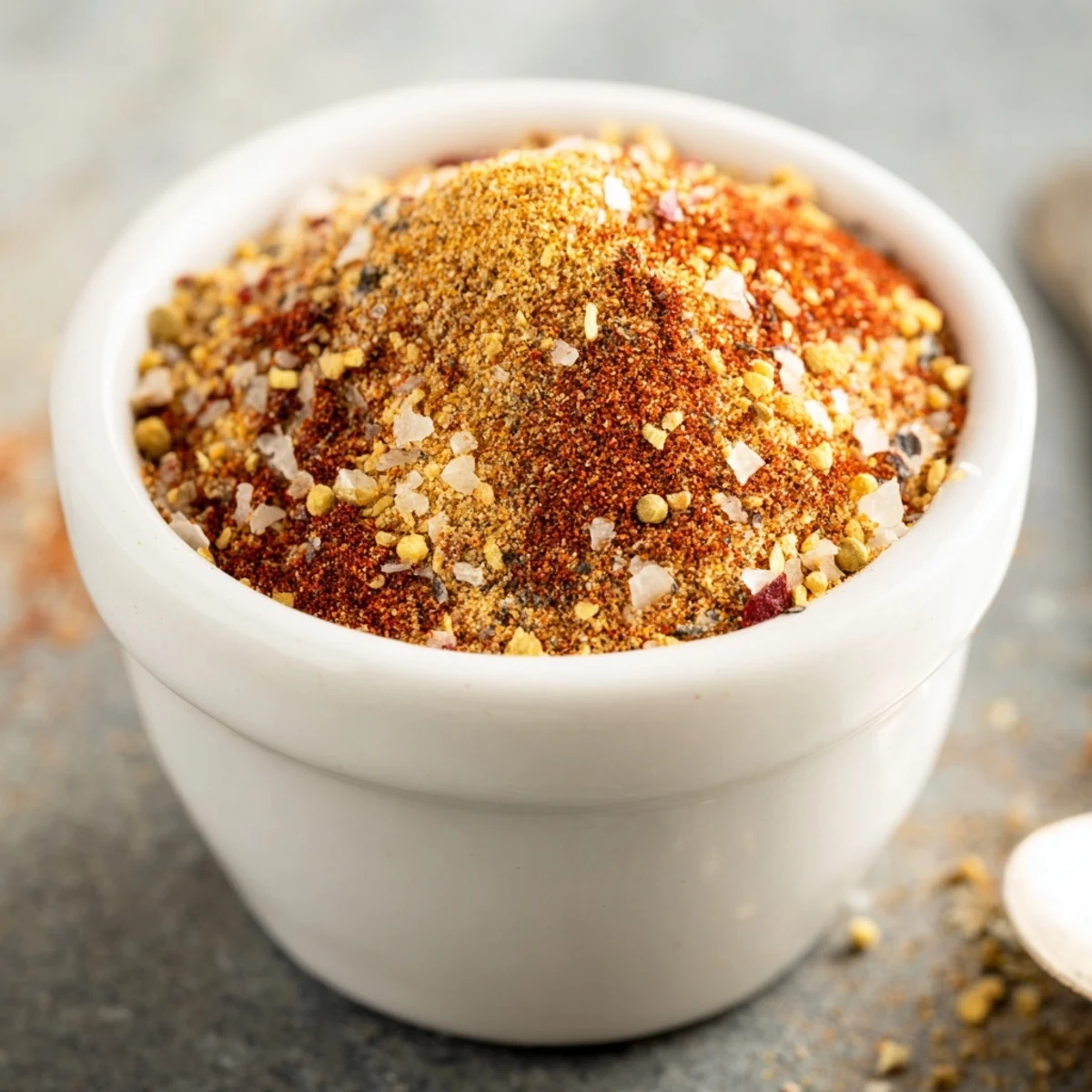 A close-up of a small glass jar filled with homemade Easy Homemade Taco Seasoning Mix, featuring visible chili powder, cumin, and dried oregano next to measuring spoons on a rustic wooden countertop.