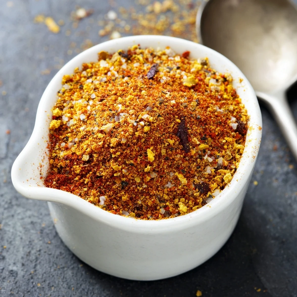 An inviting photo showing a spoon lifting some Easy Homemade Taco Seasoning Mix over a plate of seasoned ground beef, with warm taco shells and lime wedges nearby.