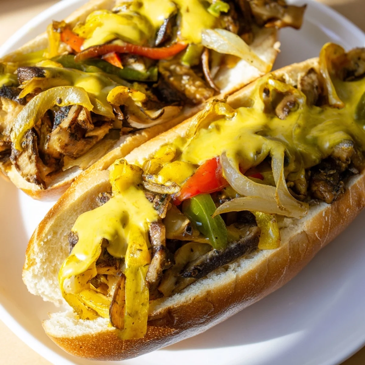 Toasted hoagie rolls filled with sautéed mushrooms and peppers, smothered in creamy vegan cheese sauce for a plant-based Vegan Philly Cheesesteaks.