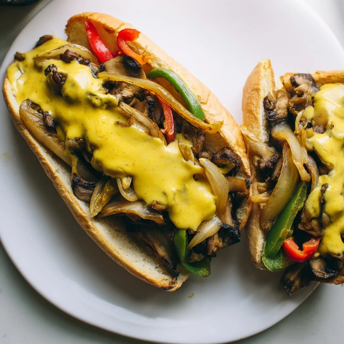 Golden-brown mushrooms and vibrant peppers piled high on a hoagie roll, drenched in rich vegan cheese sauce, Vegan Philly Cheesesteaks.