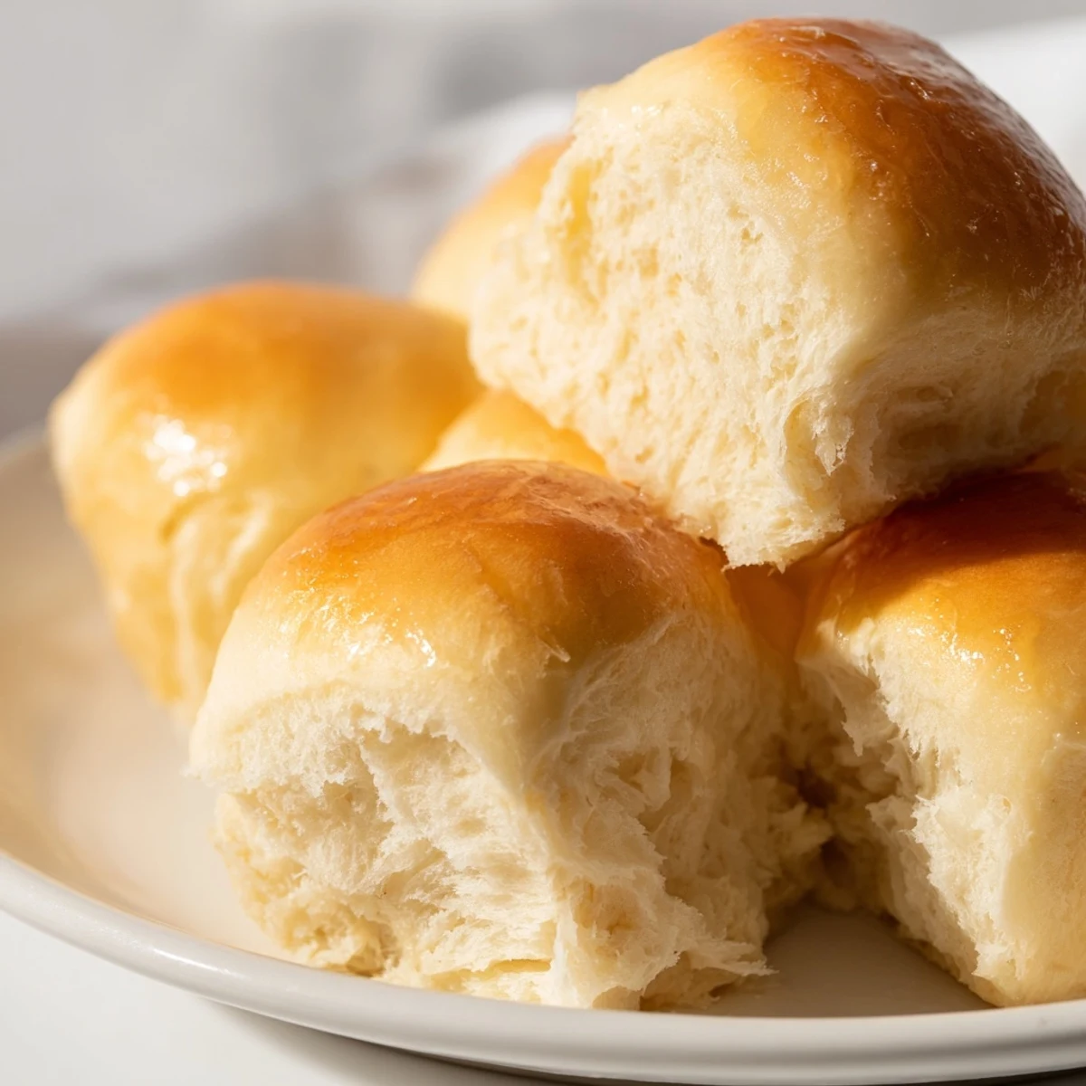 Freshly baked Best Vegan Dinner Rolls in a white ceramic dish, steam rising from their tender, buttery tops.  