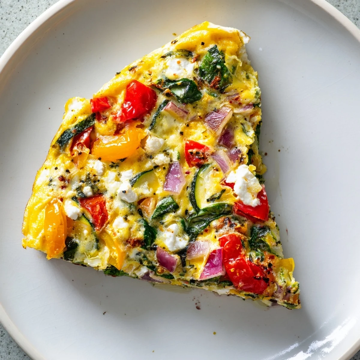 Golden Veggie Air Fryer Frittata slices sit beside fresh cherry tomatoes and baby spinach on a white plate.