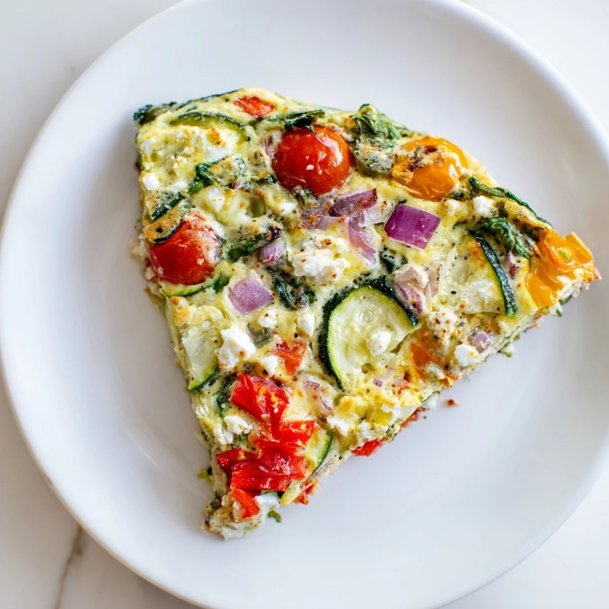 Savory Veggie Air Fryer Frittata with red bell pepper and zucchini, steaming on a rustic wooden board.