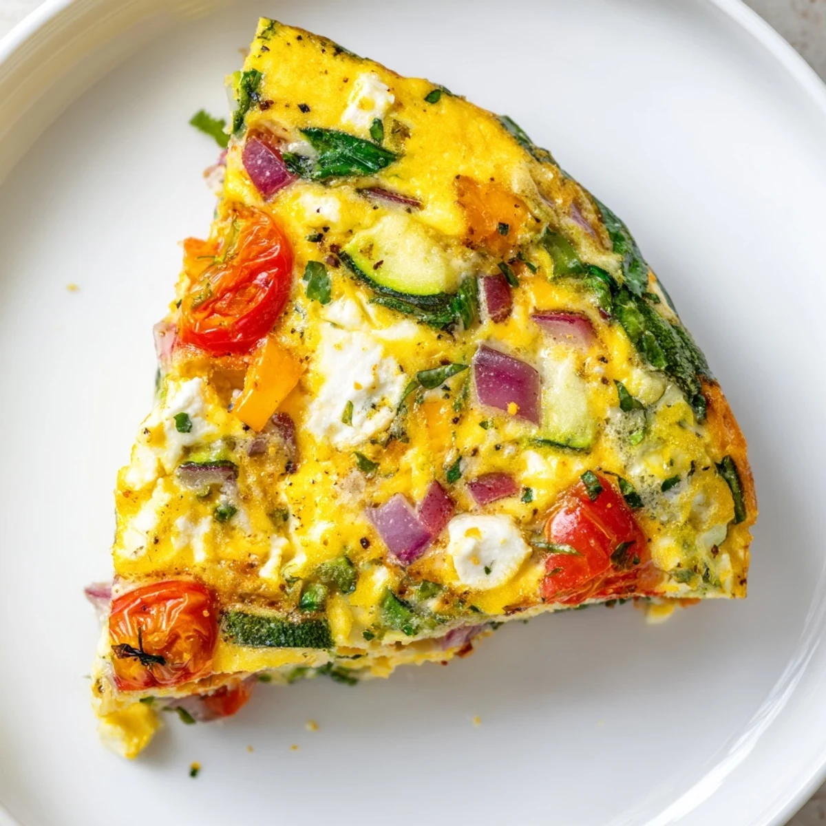 Freshly baked Veggie Air Fryer Frittata topped with melted feta cheese, ready for a healthy brunch serving.