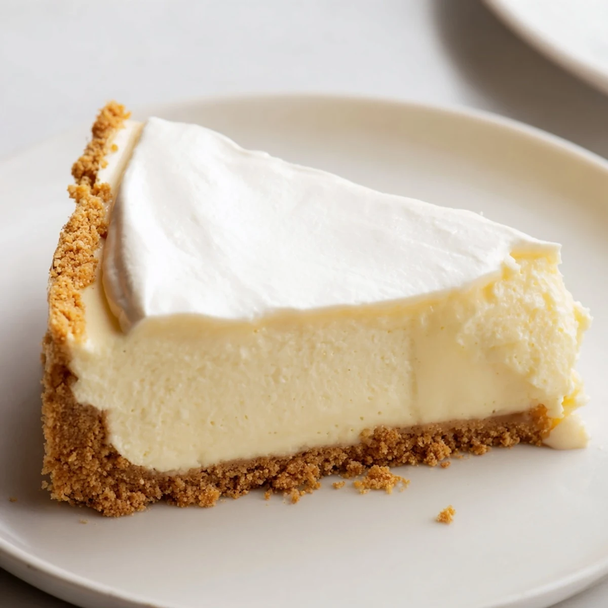 A creamy Rich Greek Yogurt Cheesecake is topped with smooth vanilla sour cream glaze.