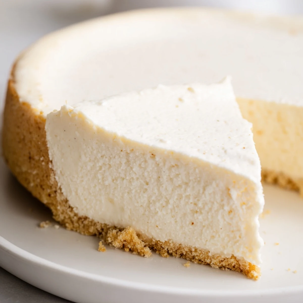 A slice of Rich Greek Yogurt Cheesecake rests on a white plate beside fresh raspberries.